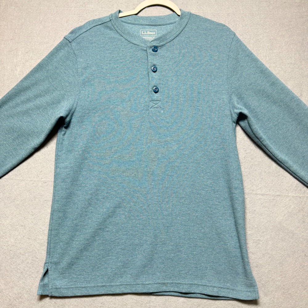 LL Bean Mens Henley Shirt Small Reg Traditional Fit Teal Blue Long Sleeve Waffle